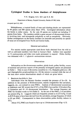 Cytological Studies in Some Members of Malpighiaceae Malpighiaceae, A