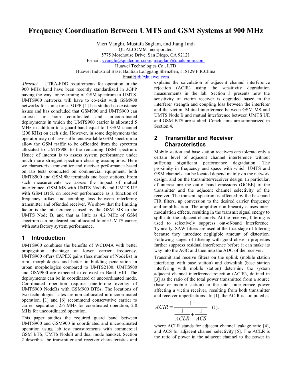 Frequency Coordination Between UMTS and GSM Systems at 900 Mhz