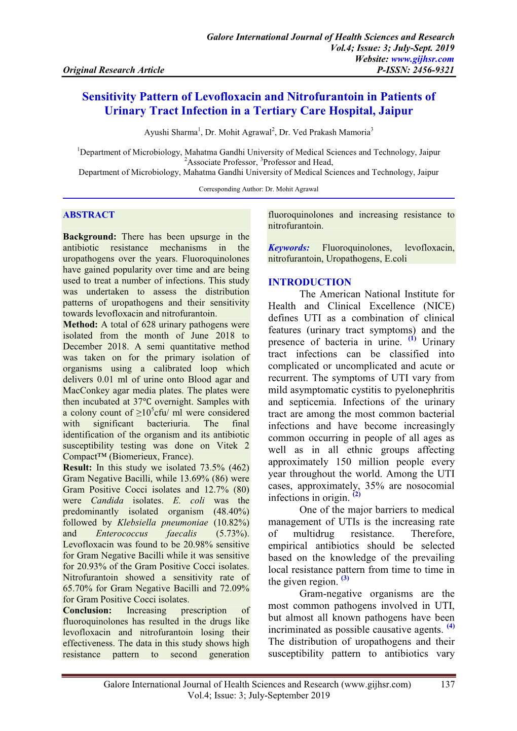 Sensitivity Pattern of Levofloxacin and Nitrofurantoin in Patients of Urinary Tract Infection in a Tertiary Care Hospital, Jaipur