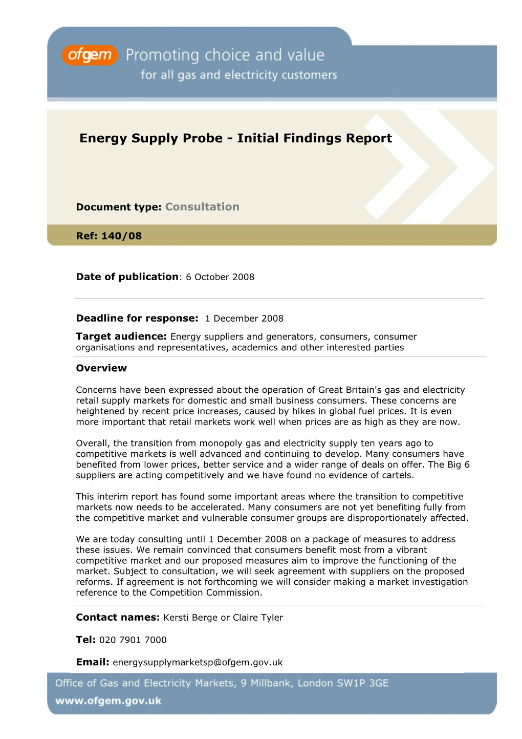 Energy Supply Probe - Initial Findings Report