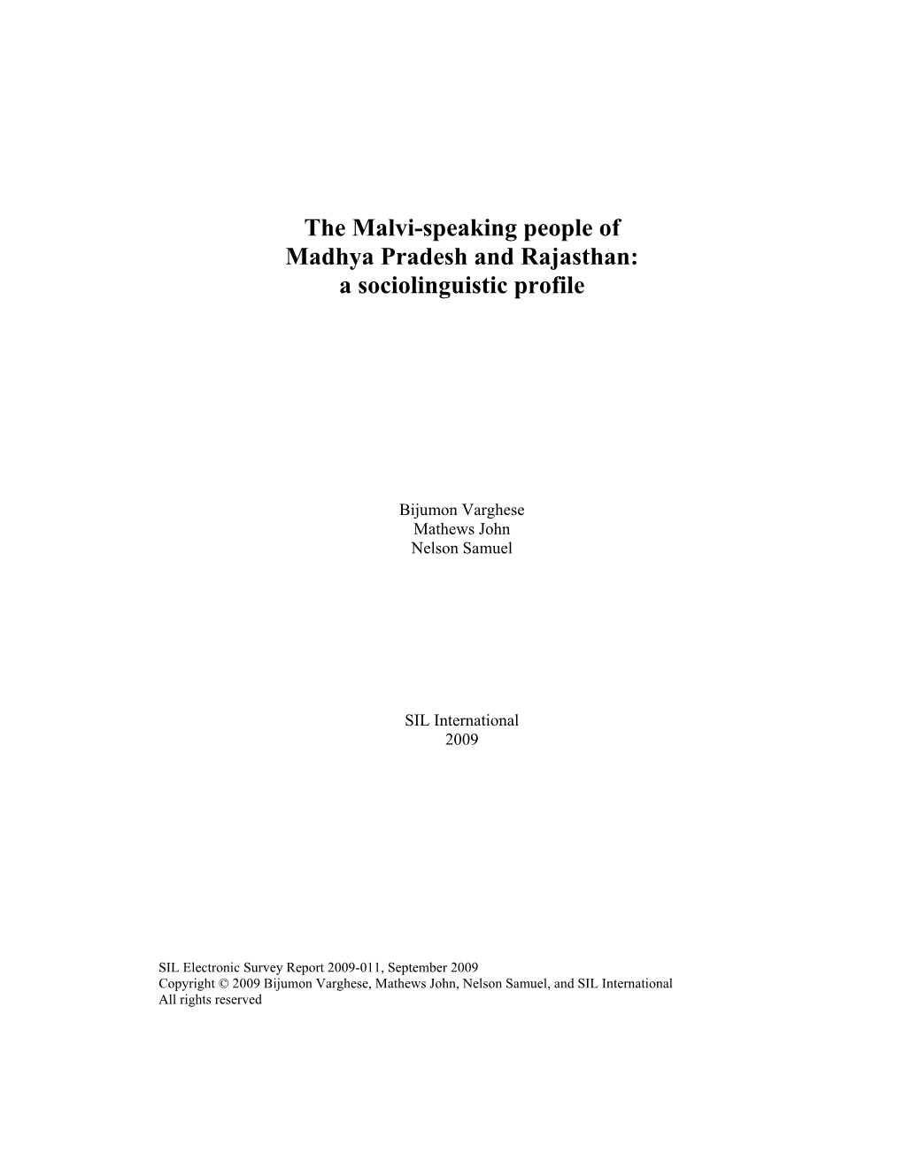 The Malvi-Speaking People of Madhya Pradesh and Rajasthan: a Sociolinguistic Profile