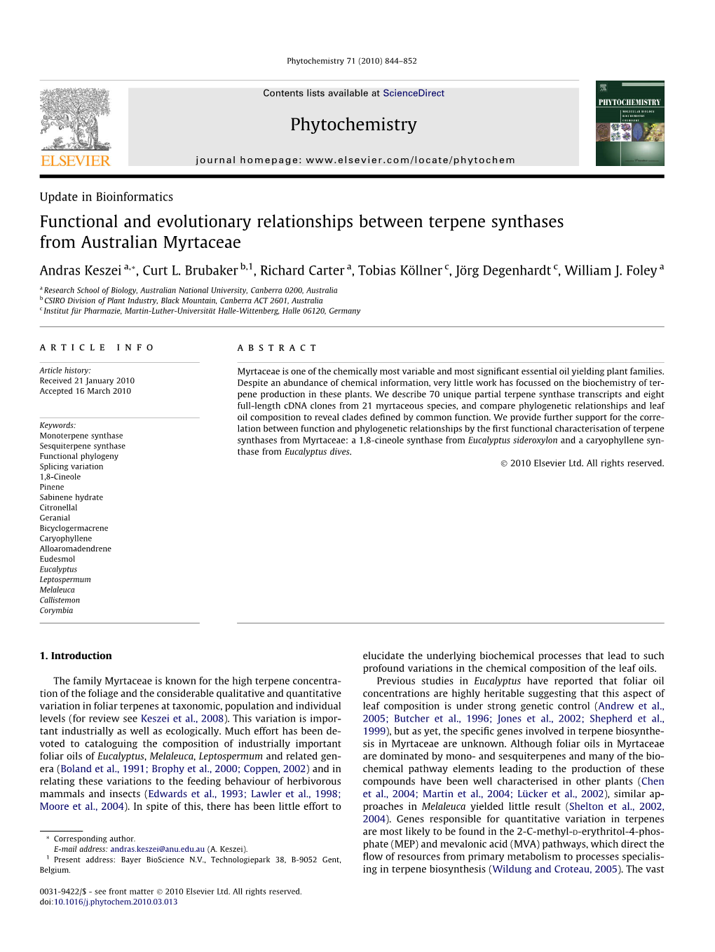 Functional and Evolutionary Relationships Between Terpene Synthases from Australian Myrtaceae