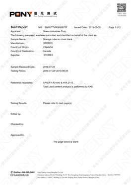 Test Report NO.：BNGJTTVR08568757 Issued Date：2019-08-05 Page 1 of 2 Applicant： Storex Industries Corp