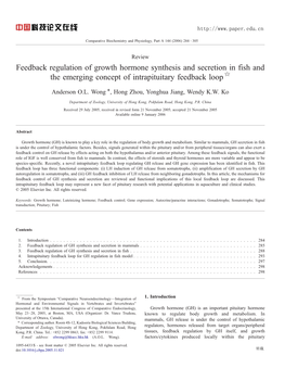 Feedback Regulation of Growth Hormone Synthesis and Secretion in Fish and the Emerging Concept of Intrapituitary Feedback Loop ☆ ⁎ Anderson O.L