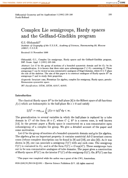 Complex Lie Semigroups, Hardy Spaces and the Gelfand-Gindikin Program