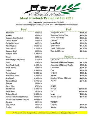 Meat Product/Price List for 2021