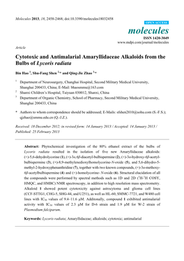 Cytotoxic and Antimalarial Amaryllidaceae Alkaloids from the Bulbs of Lycoris Radiata