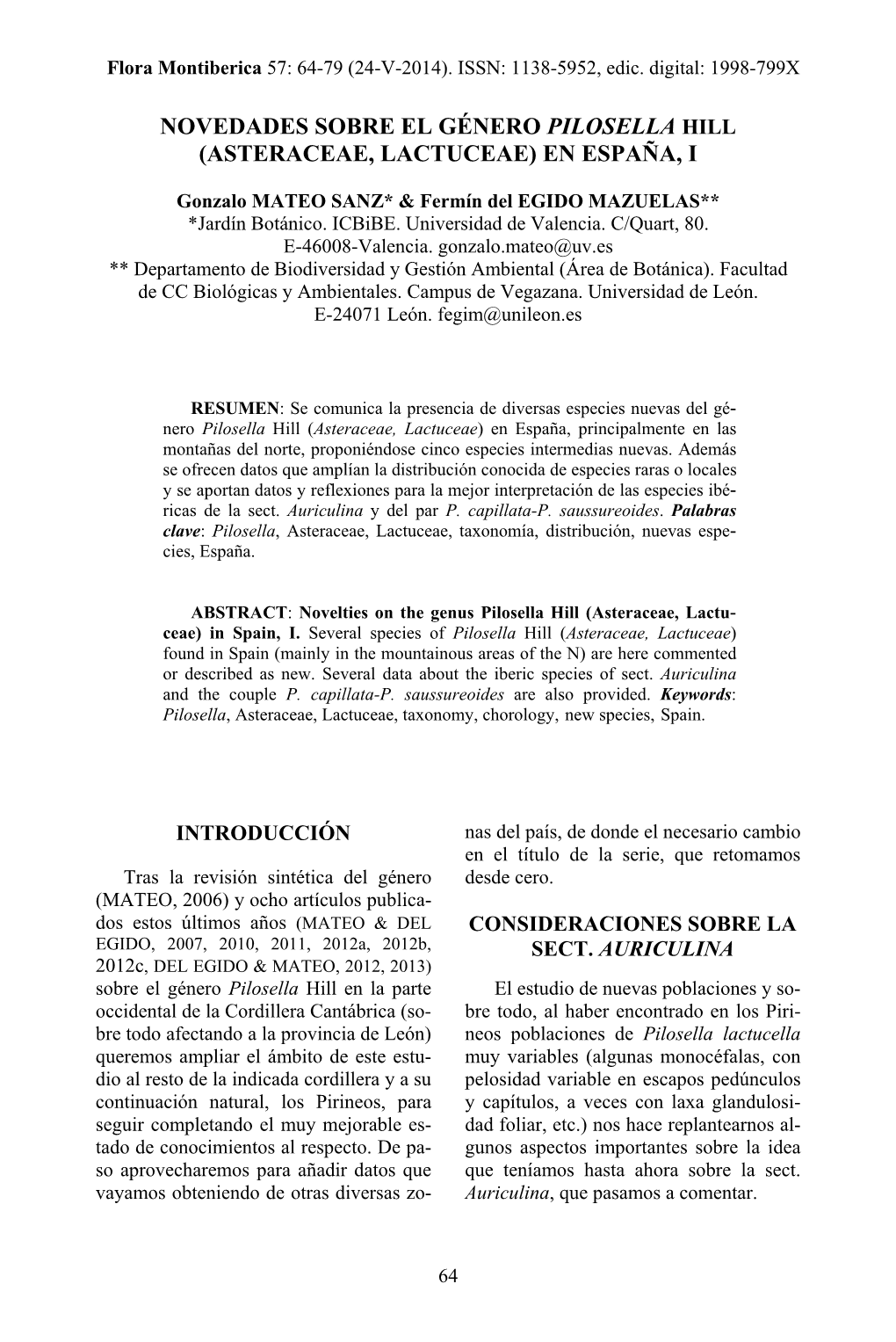 Novedades Sobre El Género Pilosella Hill (Asteraceae, Lactuceae) En España, I