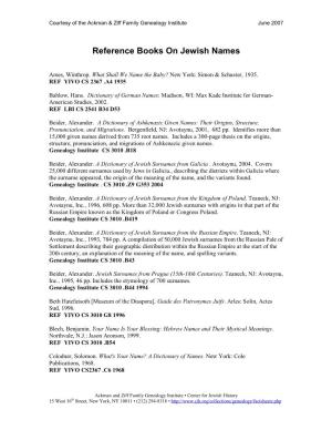 Reference Books on Jewish Names