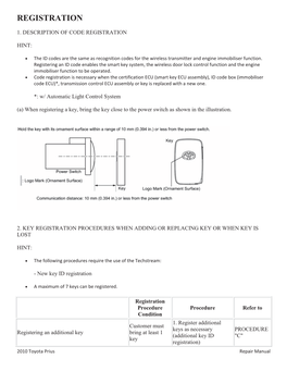 2010 Toyota Prius Repair Manual Registration Procedure Procedure Refer to Condition X Replacing a Key 1