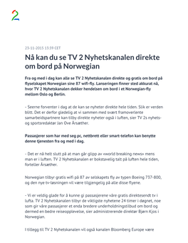 Nå Kan Du Se TV 2 Nyhetskanalen Direkte Om Bord På Norwegian