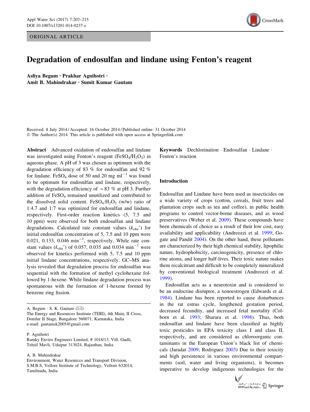 Degradation of Endosulfan and Lindane Using Fenton's Reagent