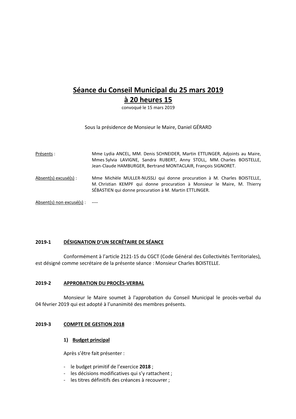 Séance Du Conseil Municipal Du 25 Mars 2019 À 20 Heures 15 Convoqué Le 15 Mars 2019