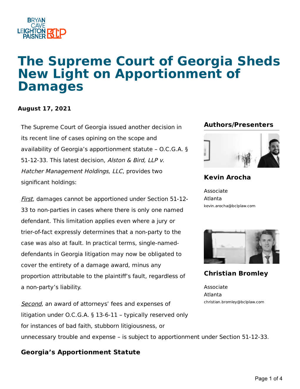 The Supreme Court of Georgia Sheds New Light on Apportionment of Damages