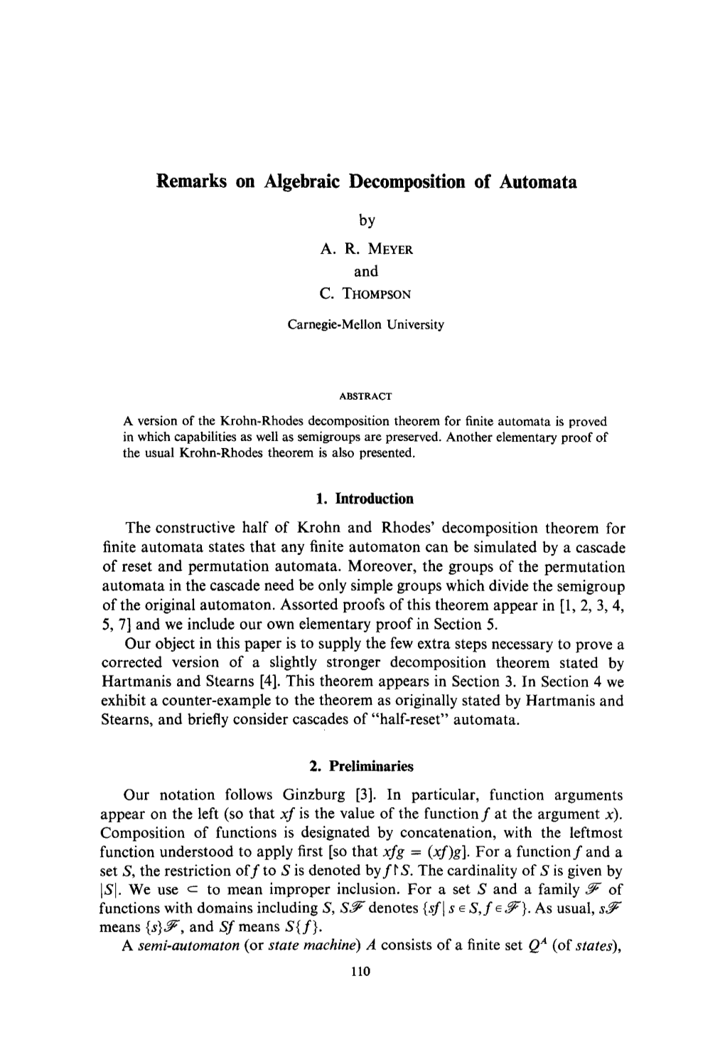 Remarks on Algebraic Decomposition of Automata