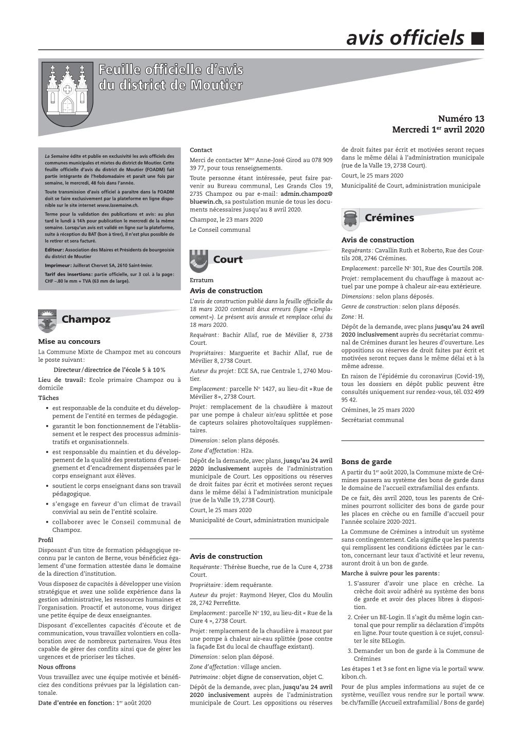 1 Avril 2020 Actuelle, Le Dossier Peut Être Consulté Sur Ren- Dimensions Et Genre : Selon Plans Déposés