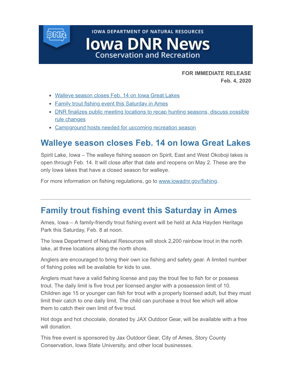 Walleye Season Closes Feb. 14 on Iowa Great Lakes Family Trout