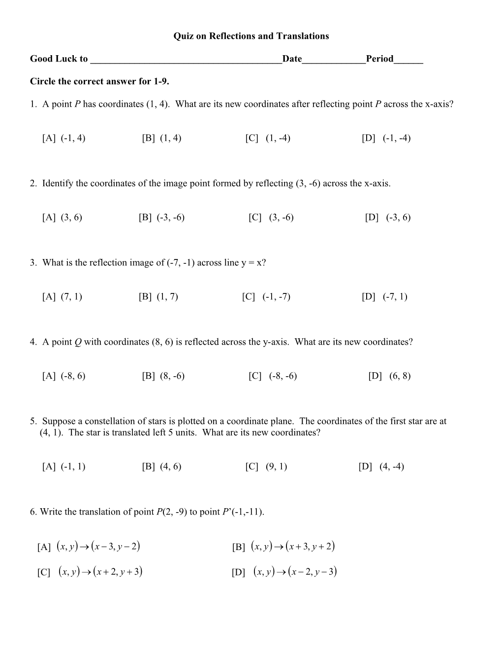 Quiz on Reflections and Translations