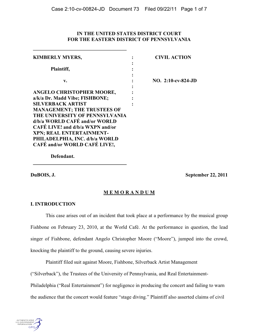 IN the UNITED STATES DISTRICT COURT for the EASTERN DISTRICT of PENNSYLVANIA ______KIMBERLY MYERS, : CIVIL ACTION : Plaintiff, : : V