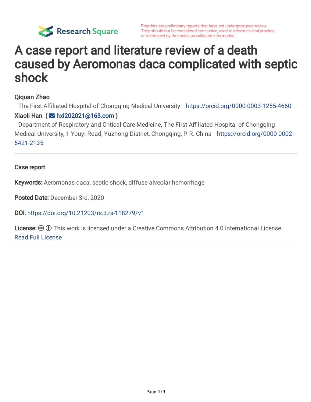 A Case Report and Literature Review of a Death Caused by Aeromonas Daca Complicated with Septic Shock