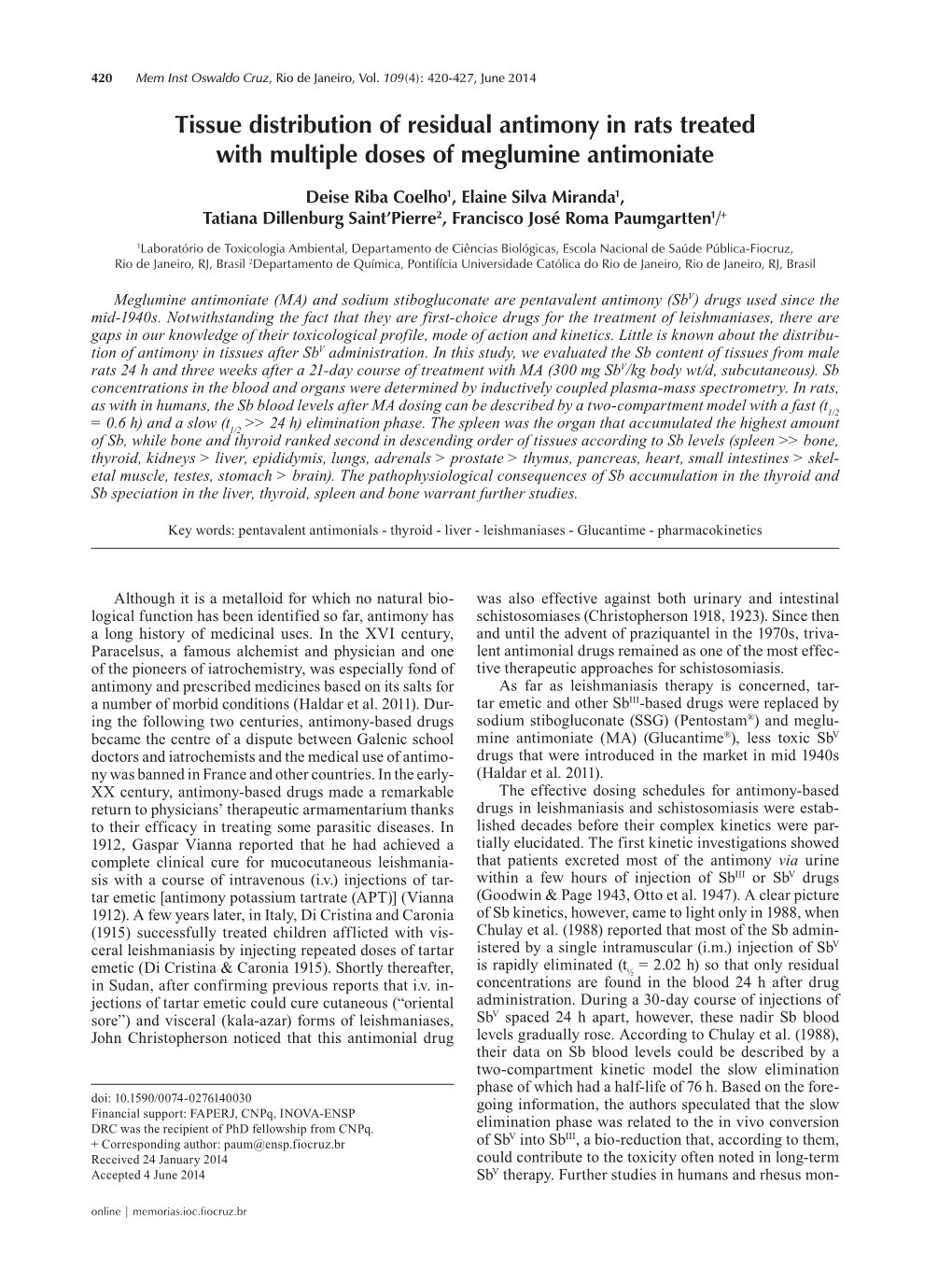 Tissue Distribution of Residual Antimony in Rats Treated with Multiple Doses of Meglumine Antimoniate