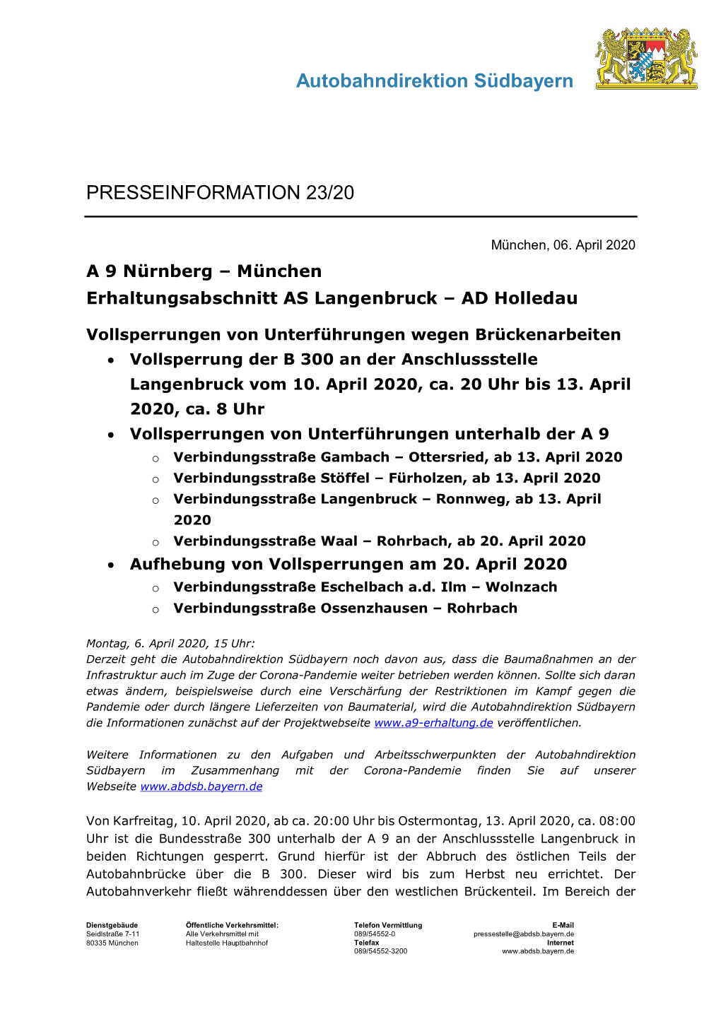 Pressemitteilung Der Autobahndirektion 6.4.2020