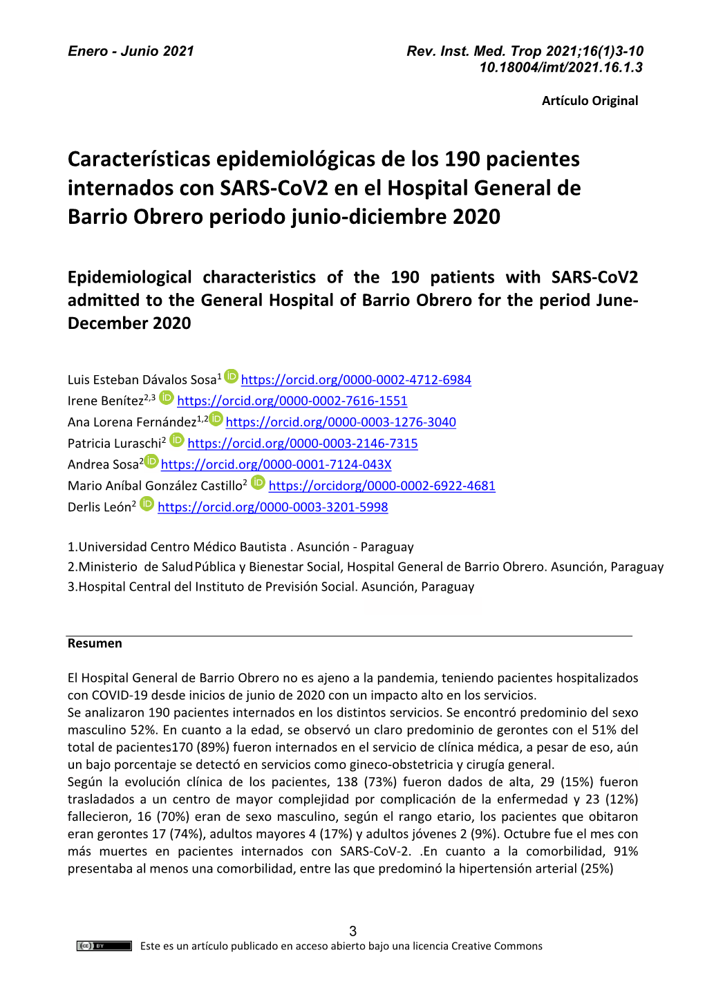 Epidemiological Characteristics of the 190 Patients with SARS-Cov2 Admitted to the General Hospital of Barrio Obrero for the Period June- December 2020