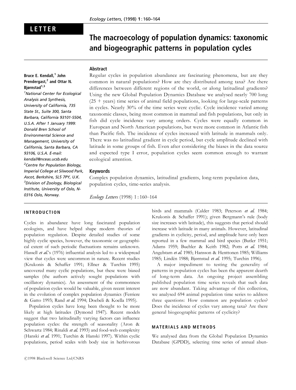 The Macroecology of Population Dynamics: Taxonomic and Biogeographic Patterns in Population Cycles