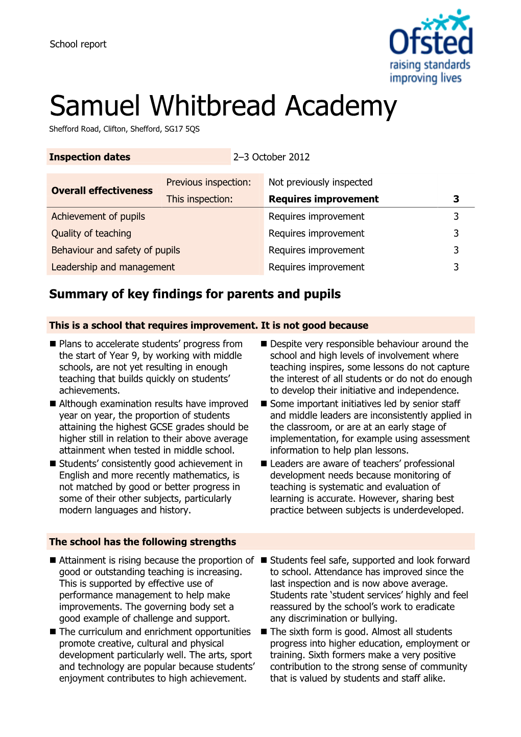 Samuel Whitbread Academy Shefford Road, Clifton, Shefford, SG17 5QS