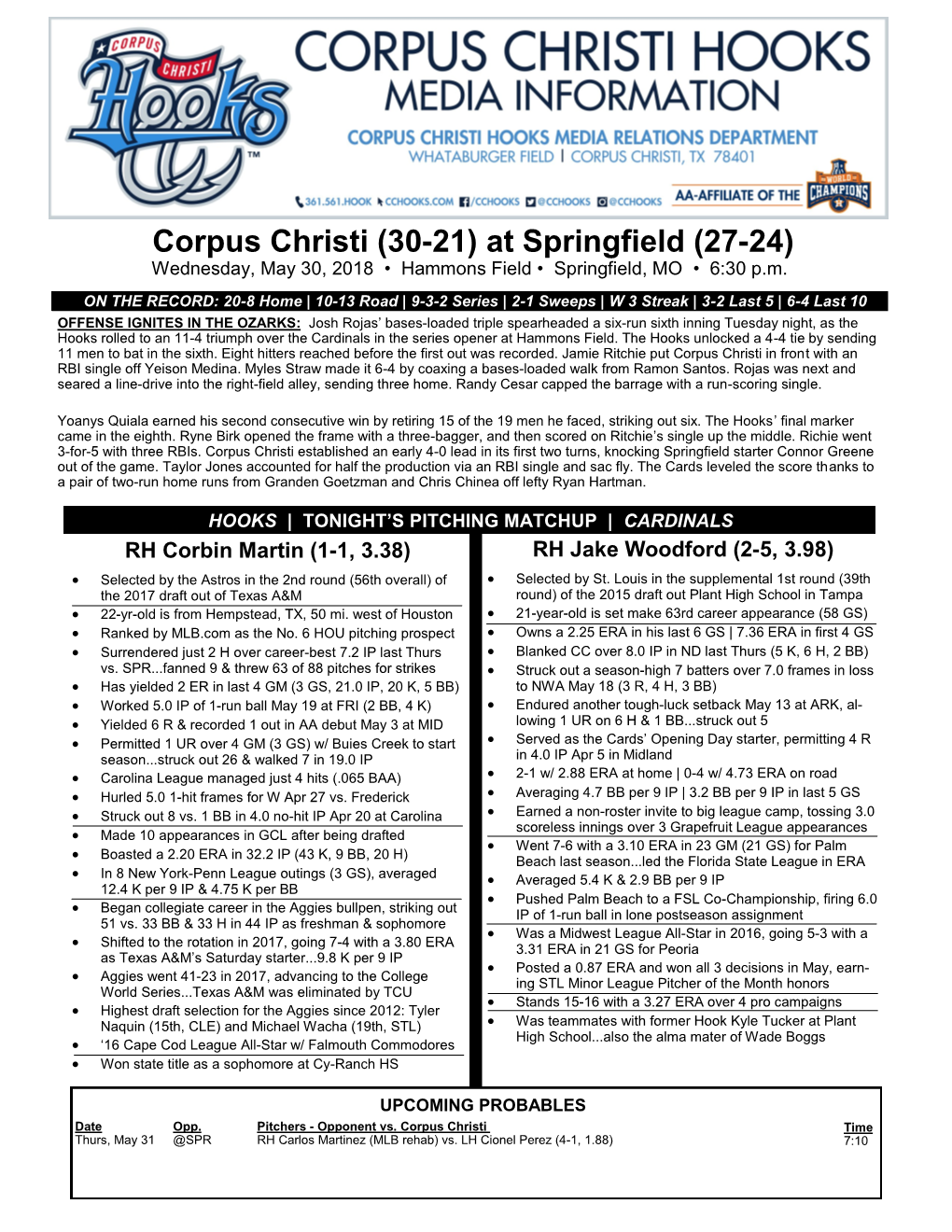 Corpus Christi (30-21) at Springfield (27-24) Wednesday, May 30, 2018 • Hammons Field • Springfield, MO • 6:30 P.M