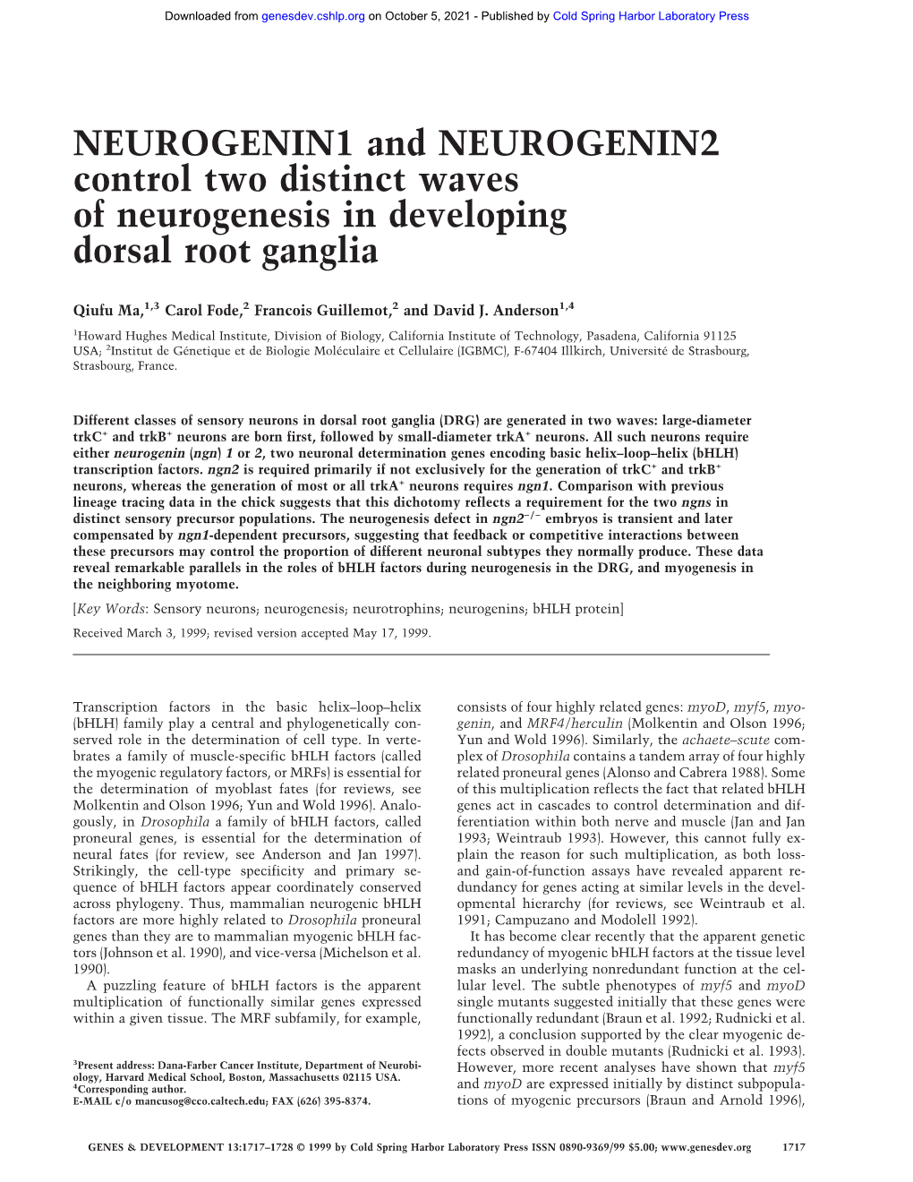 NEUROGENIN1 and NEUROGENIN2 Control Two Distinct Waves of Neurogenesis in Developing Dorsal Root Ganglia