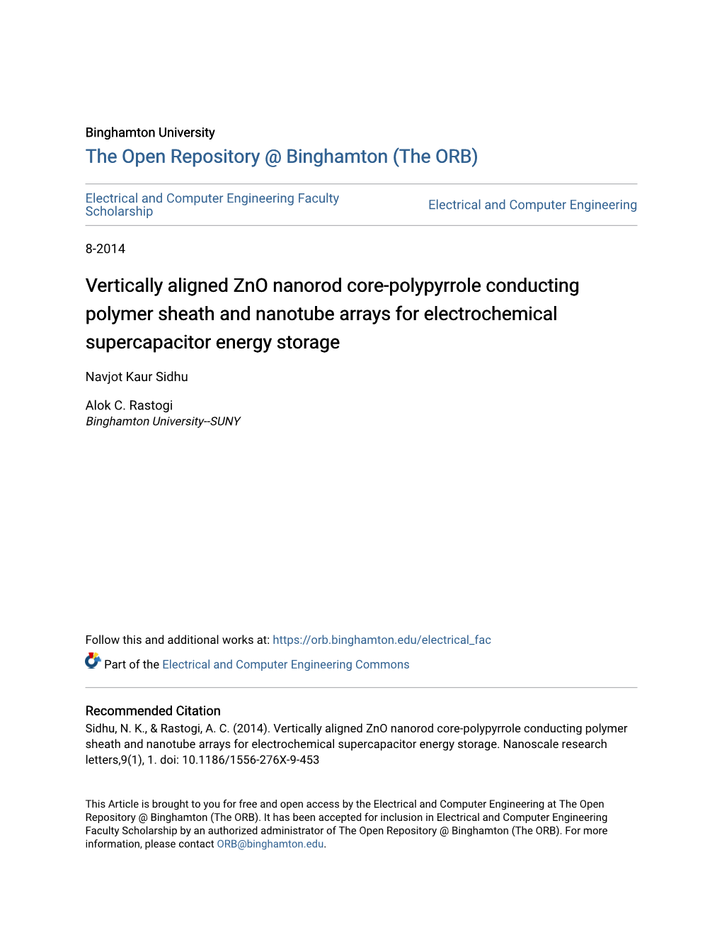 Vertically Aligned Zno Nanorod Core-Polypyrrole Conducting Polymer Sheath and Nanotube Arrays for Electrochemical Supercapacitor Energy Storage
