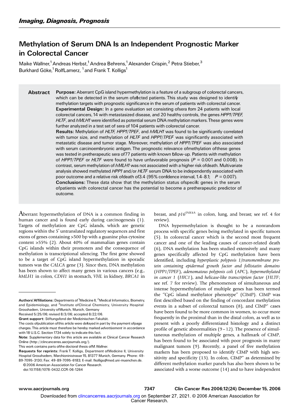 Methylation of Serum DNA Is an Independent Prognostic Marker In