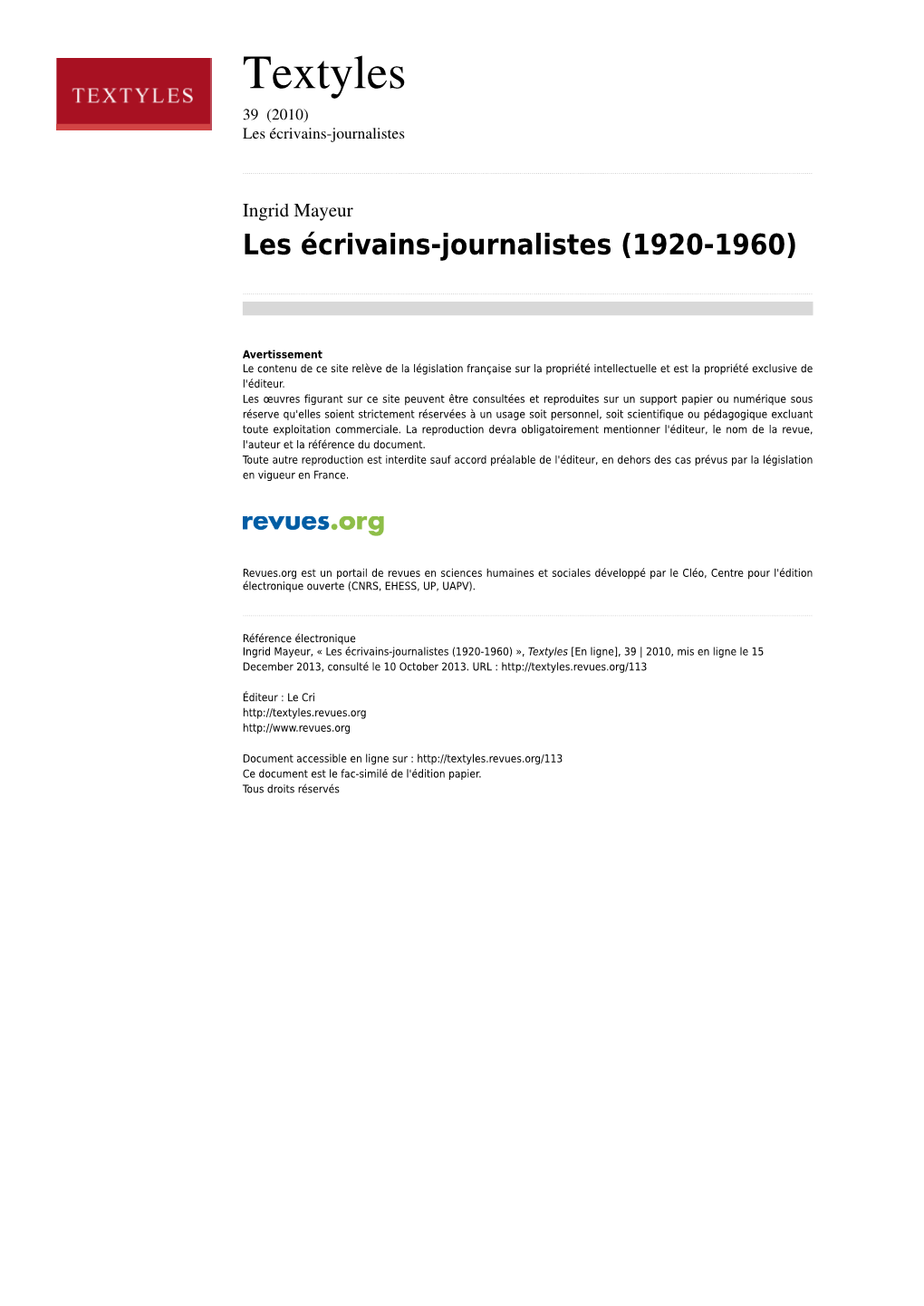 Les Écrivains-Journalistes (1920-1960)
