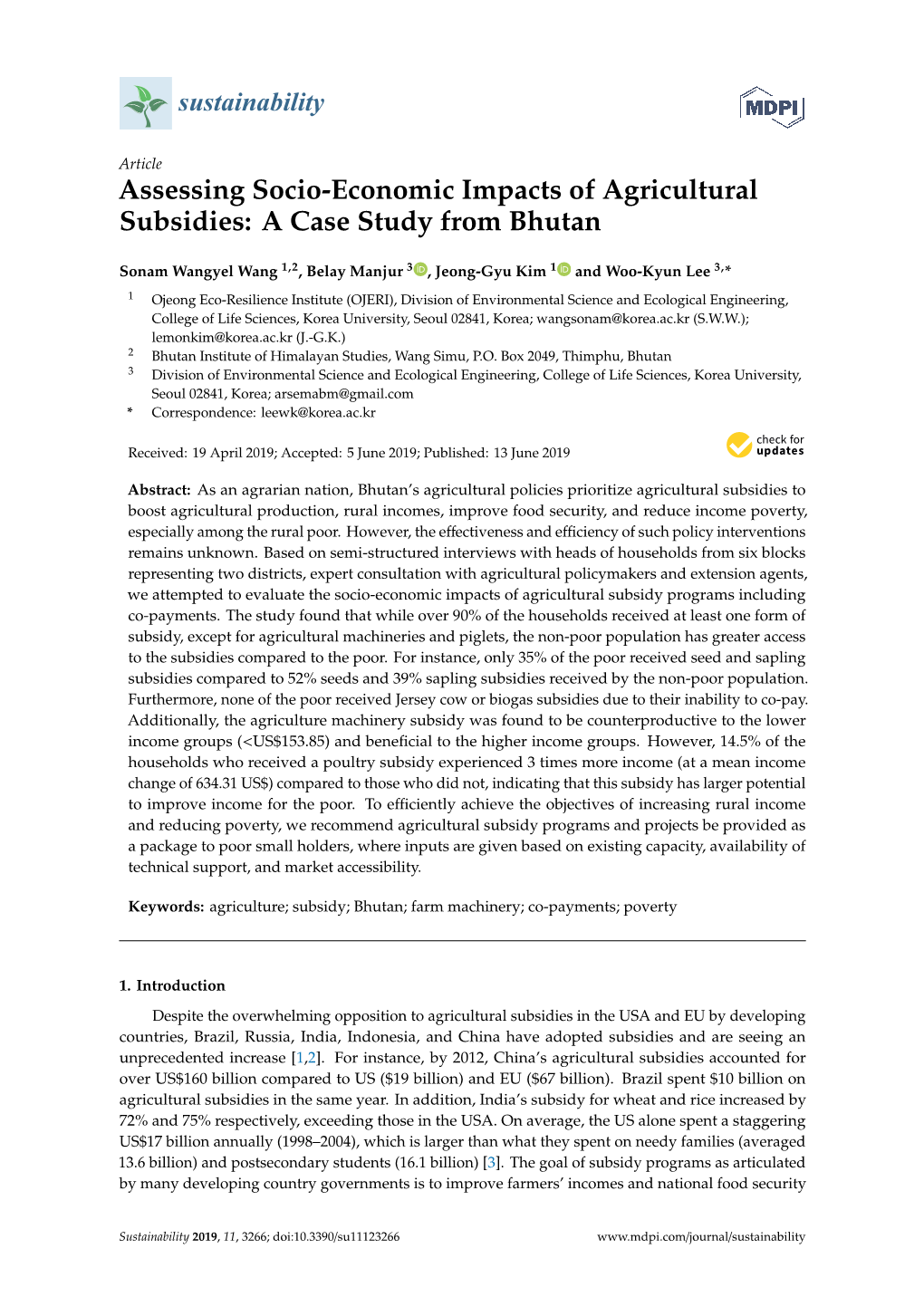 Assessing Socio-Economic Impacts of Agricultural Subsidies: a Case Study from Bhutan