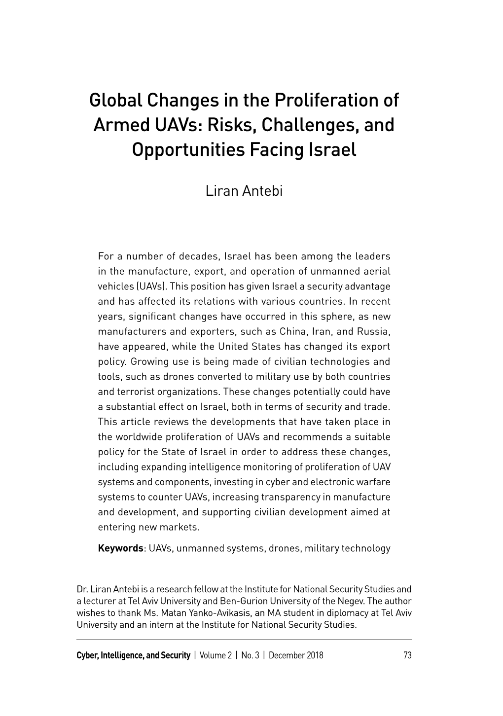 Global Changes in the Proliferation of Armed Uavs: Risks, Challenges, and Opportunities Facing Israel