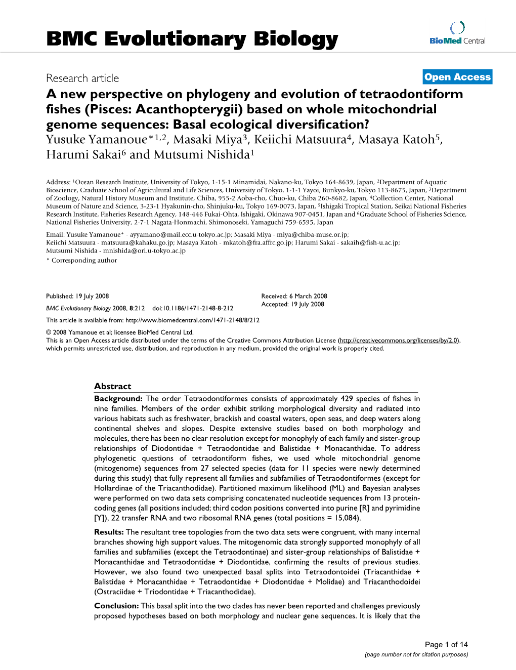 A New Perspective on Phylogeny and Evolution of Tetraodontiform Fishes (Pisces: Acanthopterygii) Based on Whole Mitochondrial Genome Sequences: Basal Ecological Diversification?