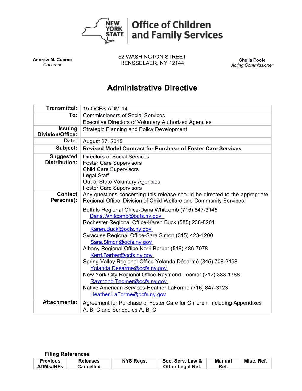 15-OCFS-ADM-14 Revised Model Contract for Purchase of Foster Care Services