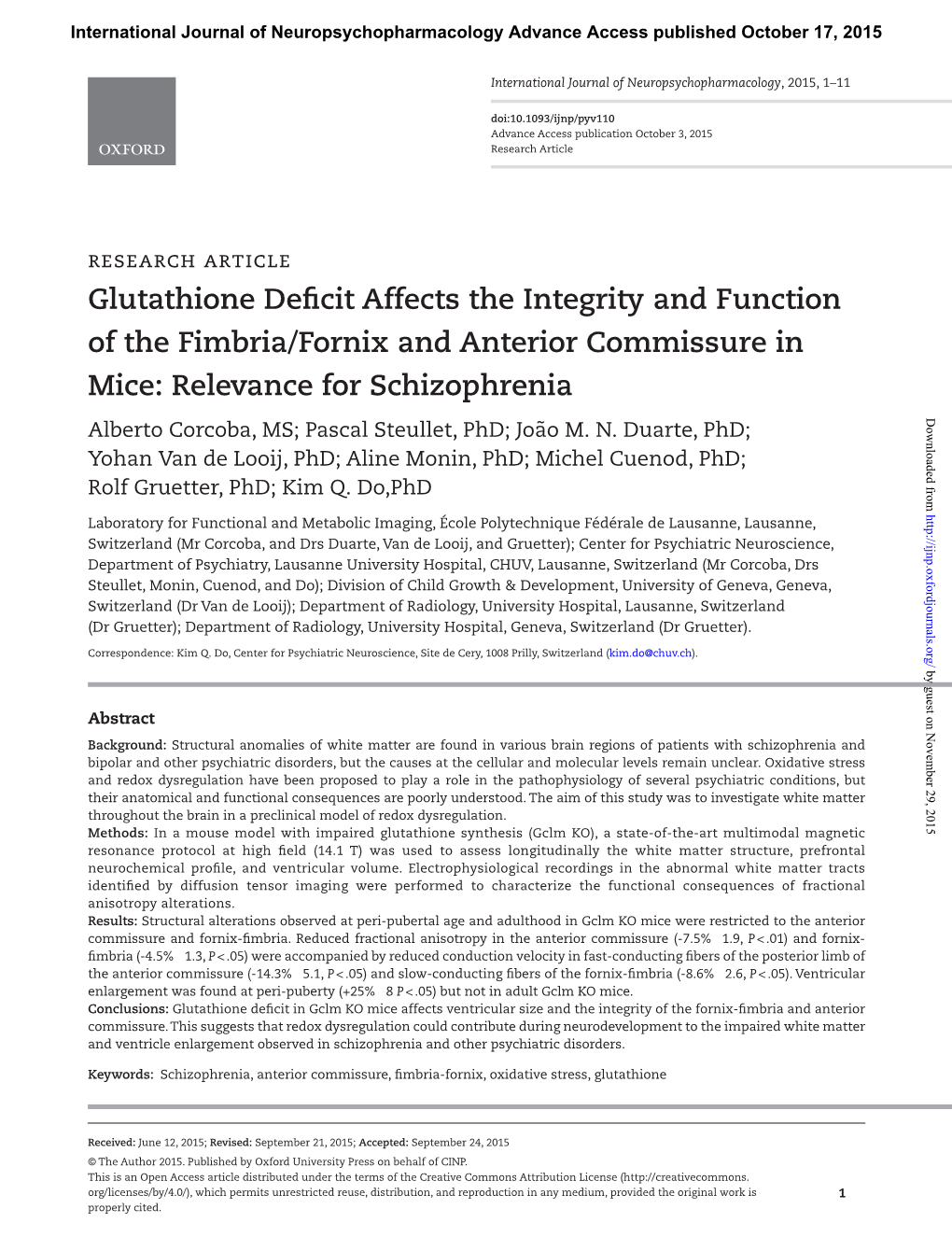 Glutathione Deficit Affects the Integrity and Function of the Fimbria/Fornix and Anterior Commissure in Mice