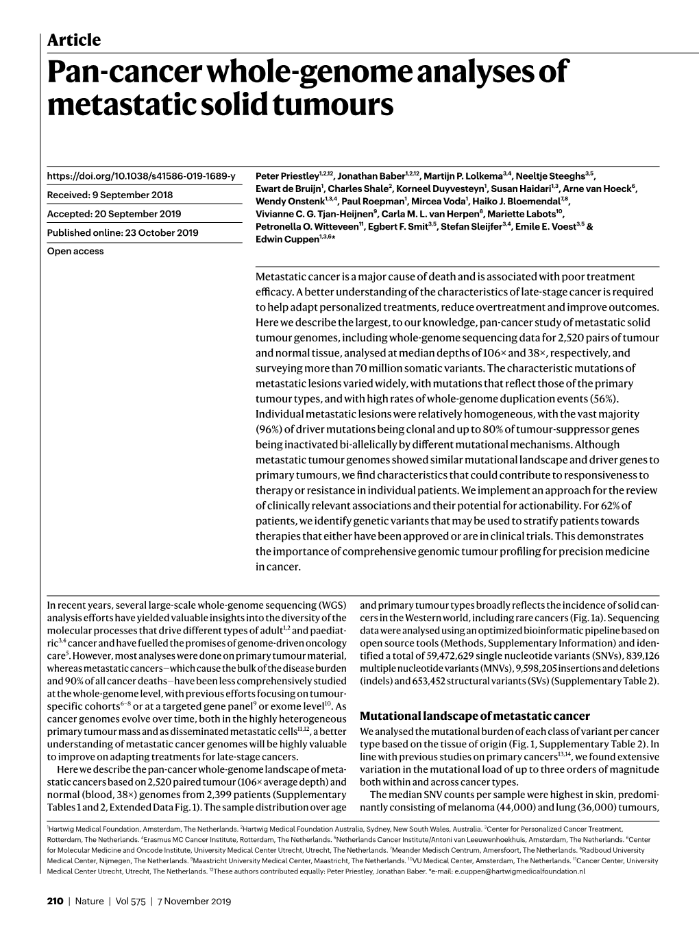 Pan-Cancer Whole-Genome Analyses of Metastatic Solid Tumours