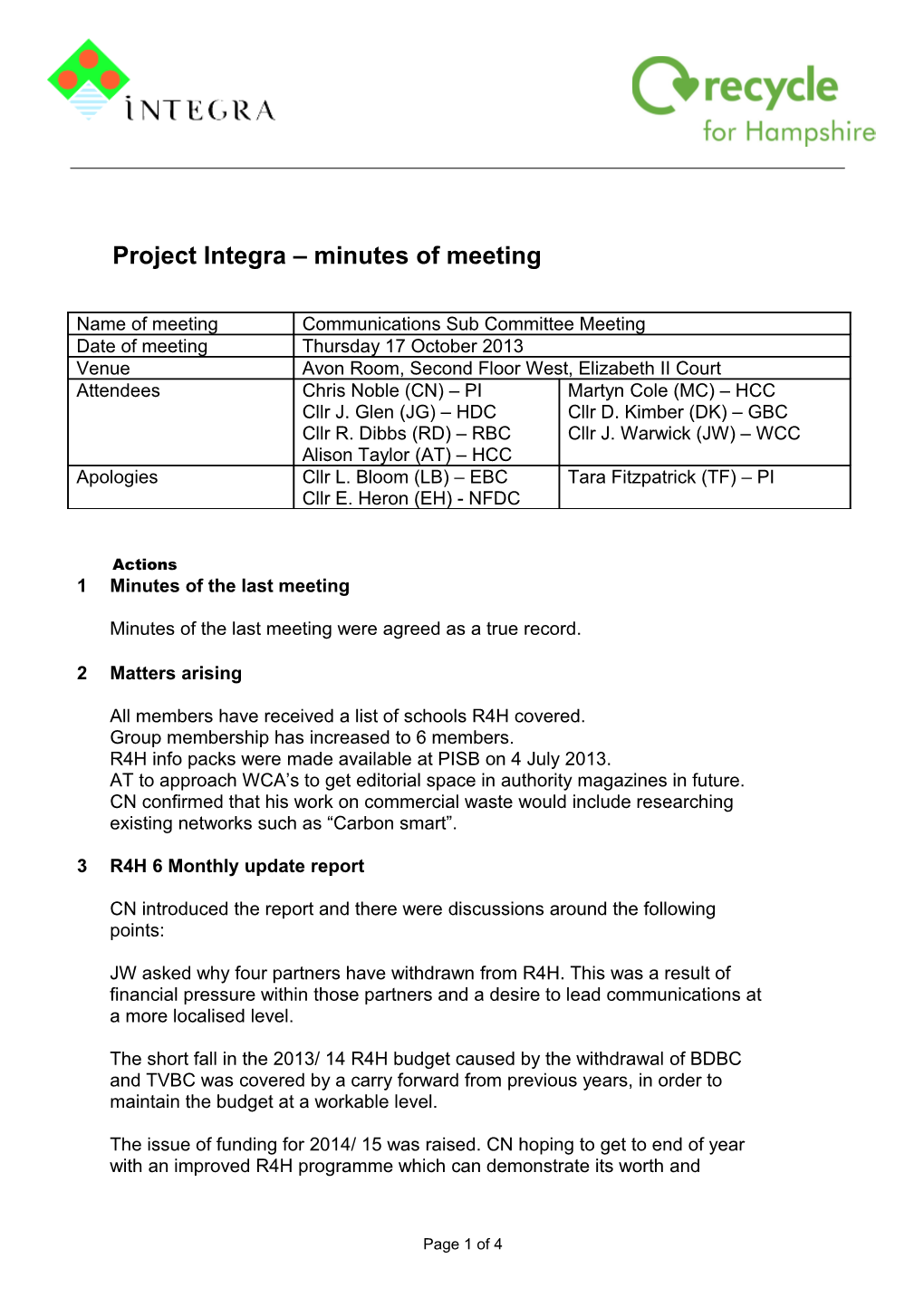 Project Integra Minutes of Meeting