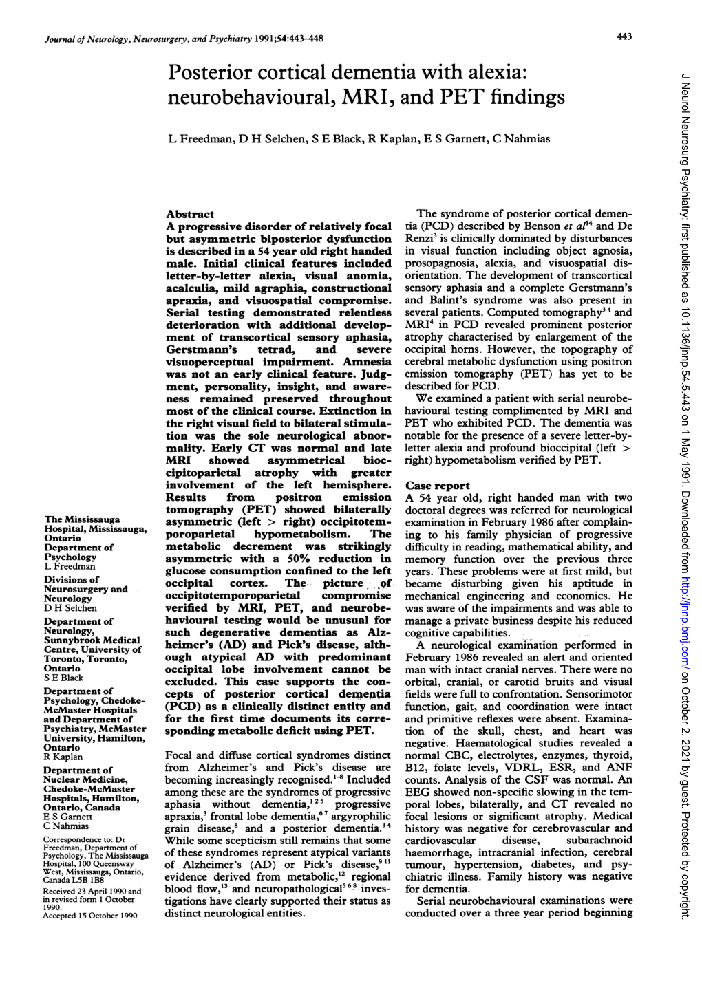 Posterior Cortical Dementia with Alexia: Neurobehavioural, MRI, and Petfindings 445