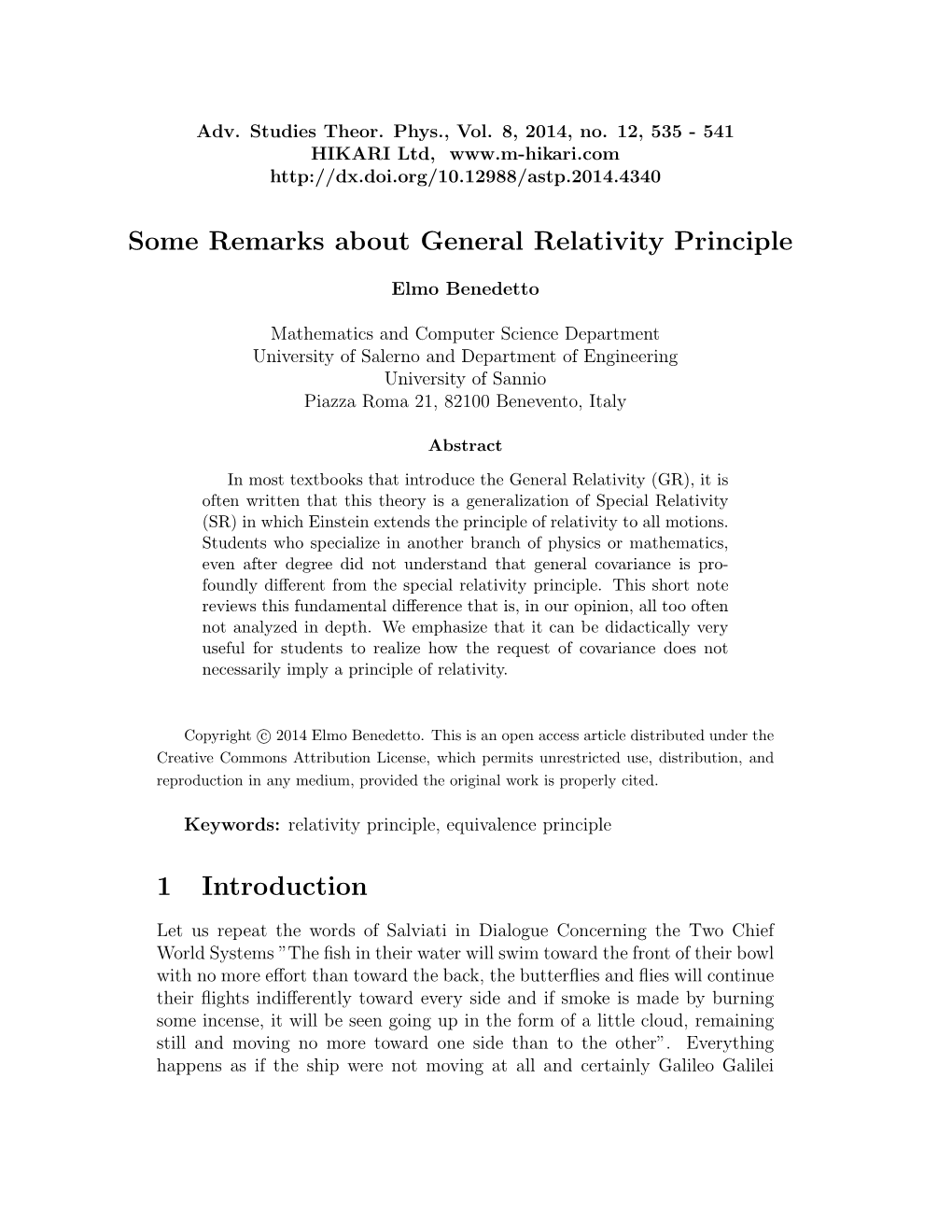 Some Remarks About General Relativity Principle