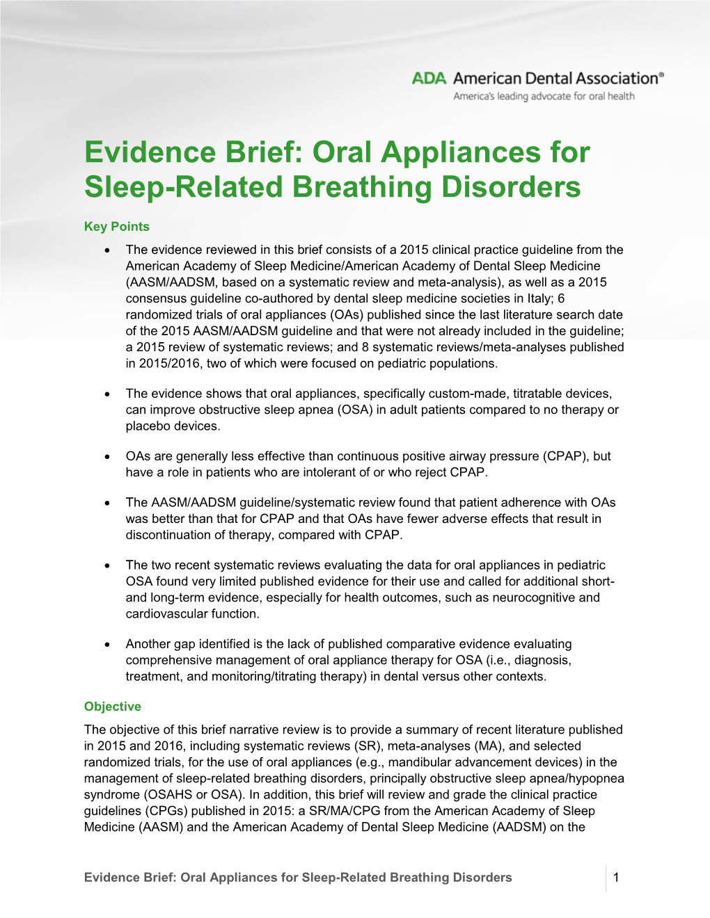 Evidence Brief: Oral Appliances for Sleep-Related Breathing Disorders