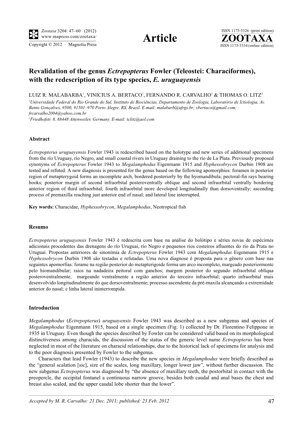 Teleostei: Characiformes), with the Redescription of Its Type Species, E