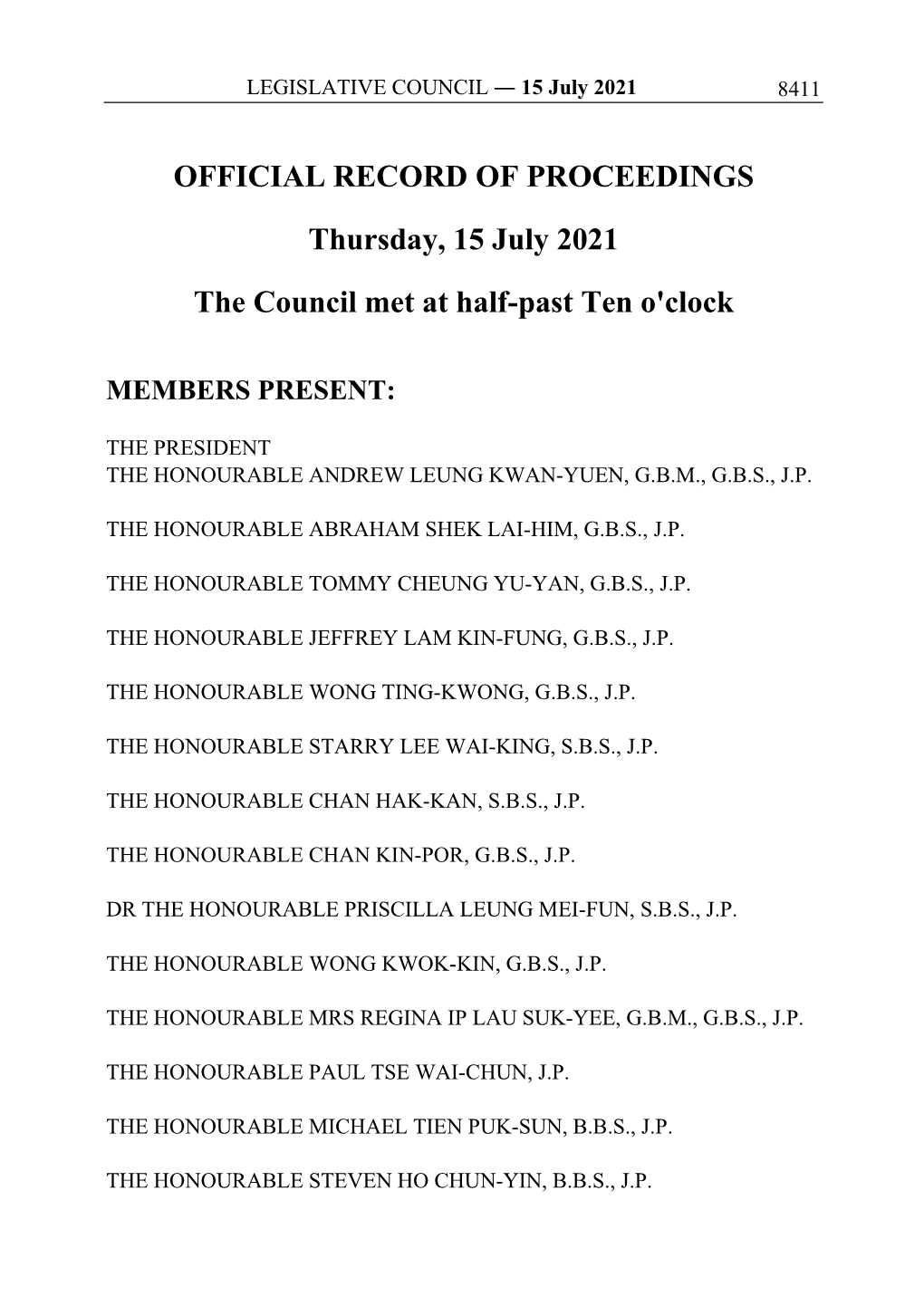 OFFICIAL RECORD of PROCEEDINGS Thursday, 15 July