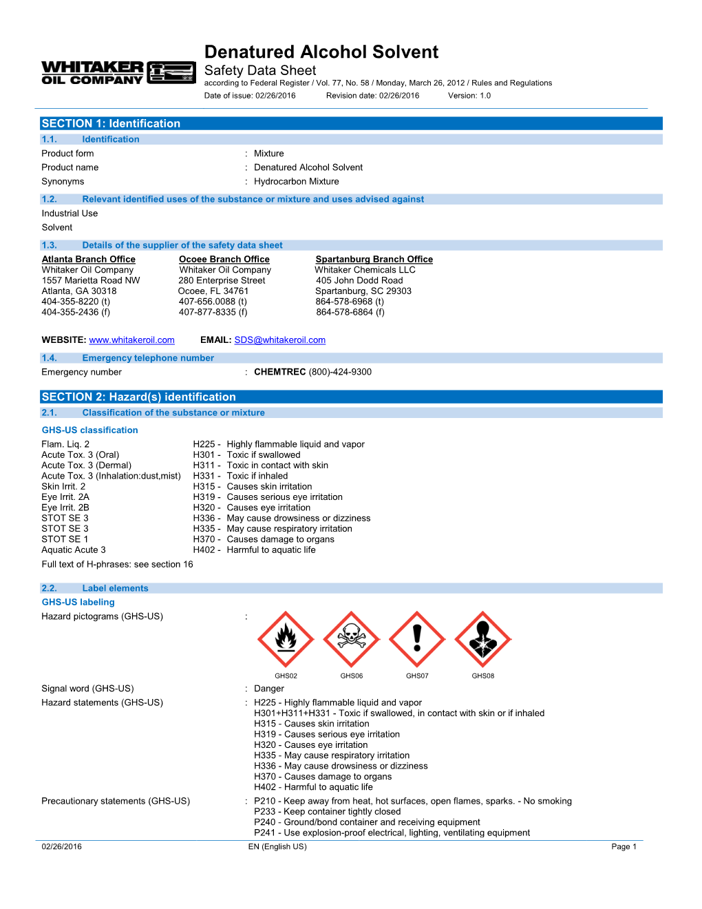 Denatured Alcohol Solvent Safety Data Sheet According to Federal Register / Vol