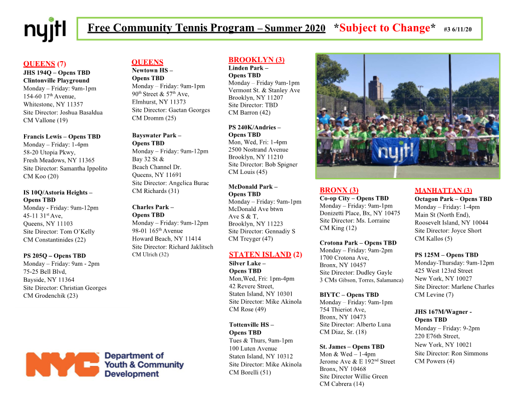 Free Community Tennis Program – Summer 2020 *Subject to Change* #3 6/11/20