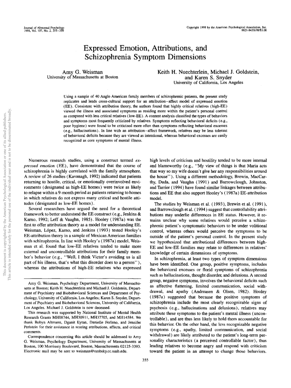 Expressed Emotion, Attributions, and Schizophrenia Symptom Dimensions