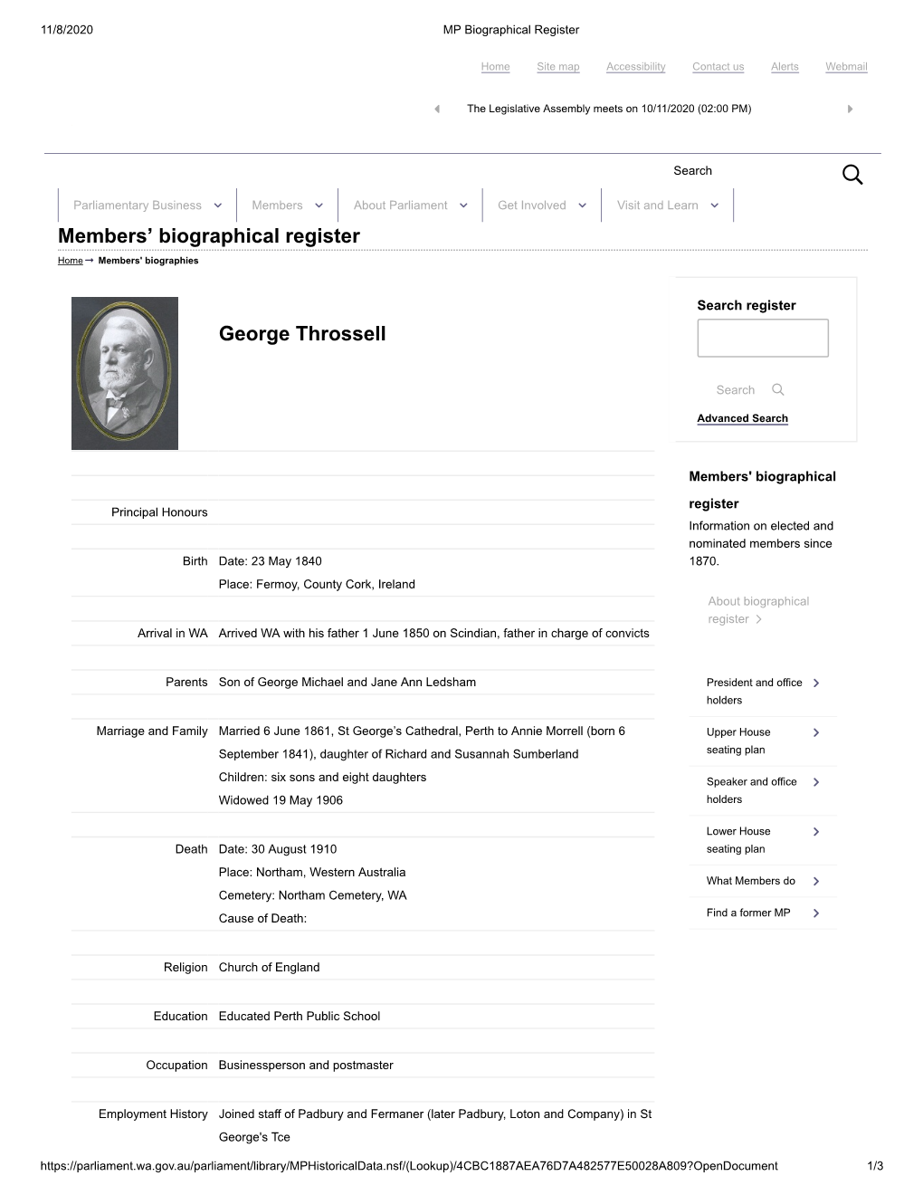 Members' Biographical Register George Throssell